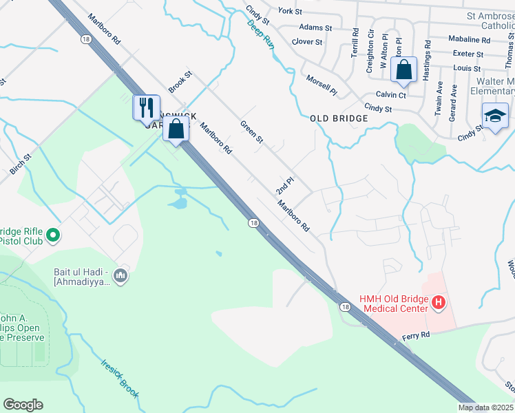 map of restaurants, bars, coffee shops, grocery stores, and more near 27 North Veronica Court in Old Bridge Township
