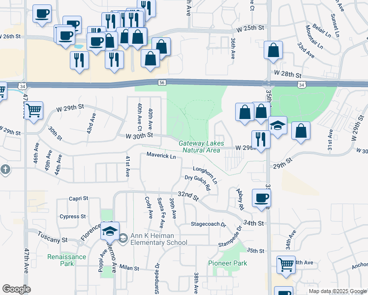 map of restaurants, bars, coffee shops, grocery stores, and more near 3005 Armadillo Court in Evans