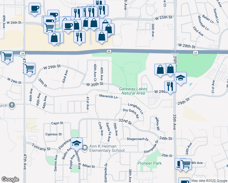 map of restaurants, bars, coffee shops, grocery stores, and more near 3921 Maverick Lane in Evans