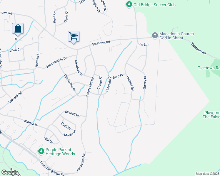 map of restaurants, bars, coffee shops, grocery stores, and more near 31 Cressida Drive in Old Bridge