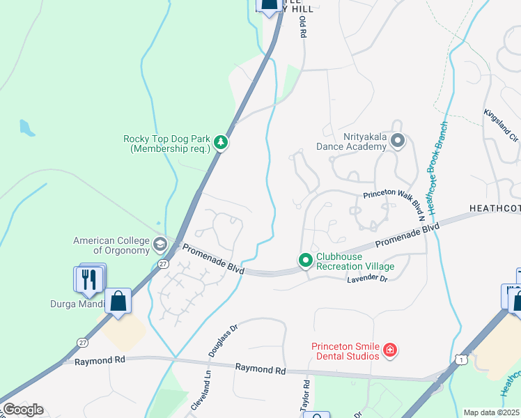 map of restaurants, bars, coffee shops, grocery stores, and more near 38 East Countryside Drive in Princeton