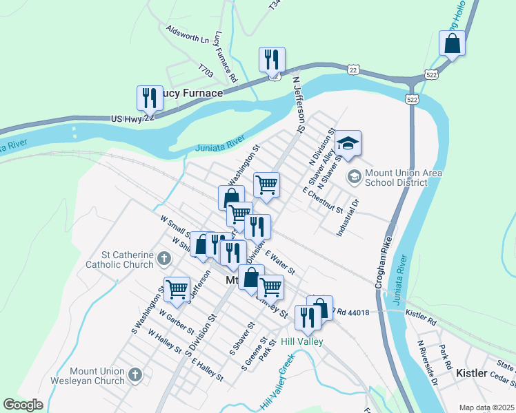 map of restaurants, bars, coffee shops, grocery stores, and more near 1-99 West Poplar Street in Mount Union
