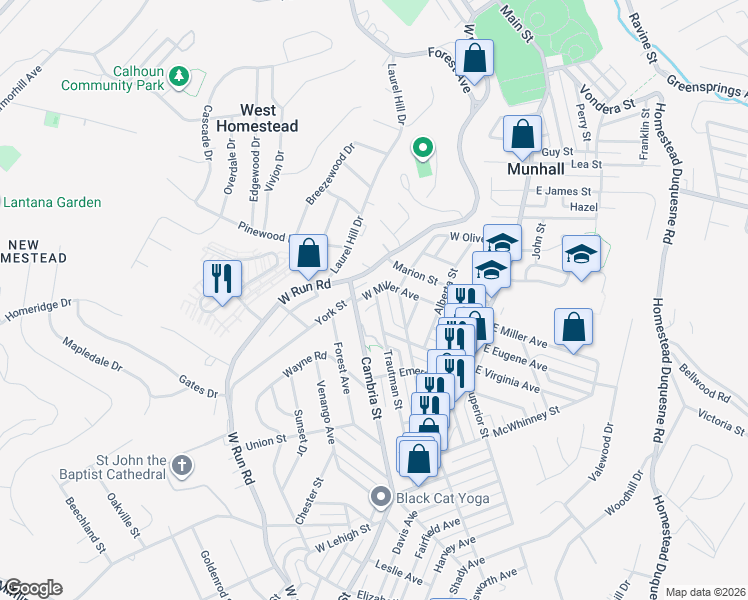 map of restaurants, bars, coffee shops, grocery stores, and more near 3323 Trautman Street in Munhall