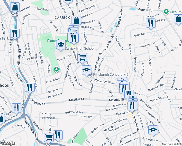 map of restaurants, bars, coffee shops, grocery stores, and more near 2350 Brownsville Road in Pittsburgh