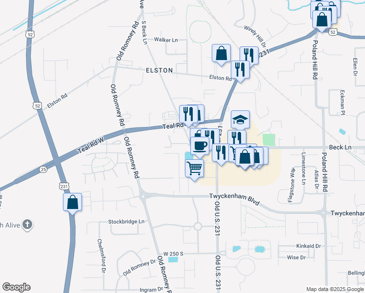 map of restaurants, bars, coffee shops, grocery stores, and more near 2805 Plaza Lane in Lafayette