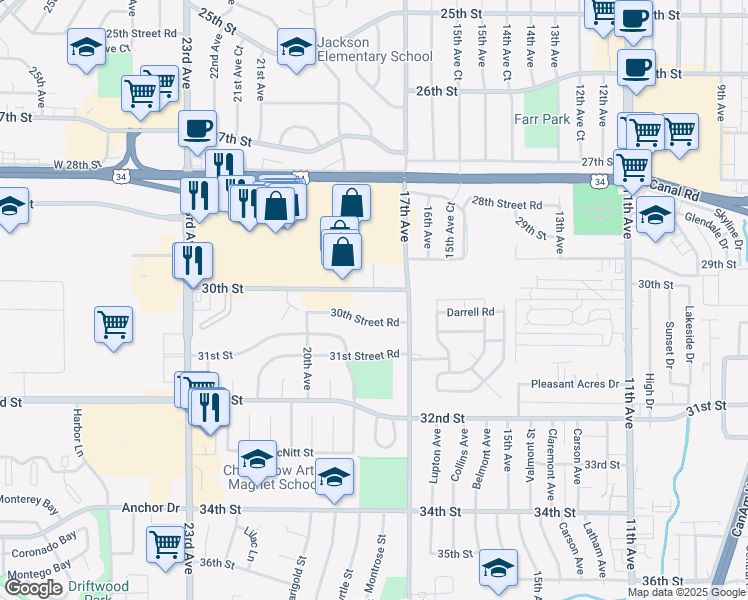 map of restaurants, bars, coffee shops, grocery stores, and more near 1733 30th Street Road in Greeley