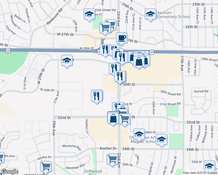 map of restaurants, bars, coffee shops, grocery stores, and more near 3015 South 23rd Avenue in Greeley