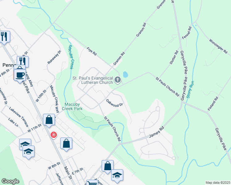 map of restaurants, bars, coffee shops, grocery stores, and more near 1037 Creekview Drive in Pennsburg