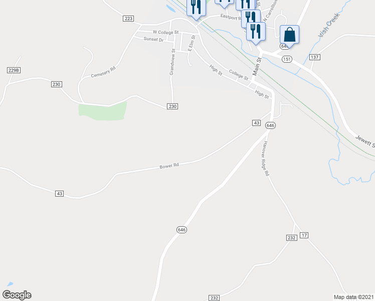 map of restaurants, bars, coffee shops, grocery stores, and more near 38500 Bower Road in Scio