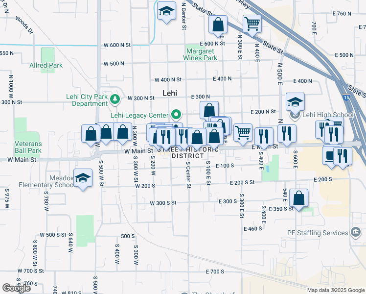map of restaurants, bars, coffee shops, grocery stores, and more near 39 South Center Street in Lehi