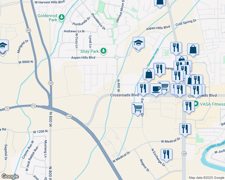 map of restaurants, bars, coffee shops, grocery stores, and more near 1438 North Starry Way in Saratoga Springs