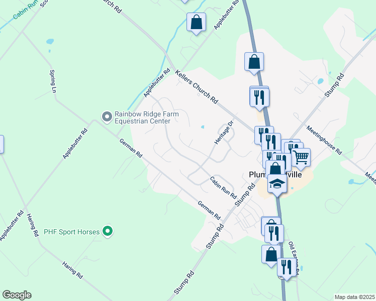 map of restaurants, bars, coffee shops, grocery stores, and more near 6013 Split Log Drive in Pipersville