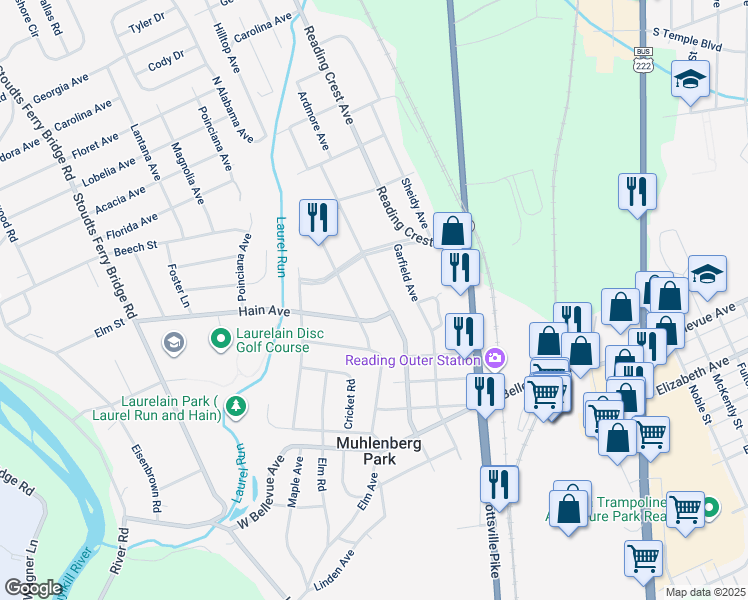 map of restaurants, bars, coffee shops, grocery stores, and more near 3308 Harrison Avenue in Reading