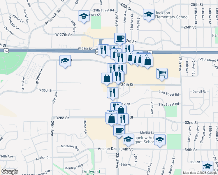 map of restaurants, bars, coffee shops, grocery stores, and more near 3015 South 23rd Avenue in Greeley
