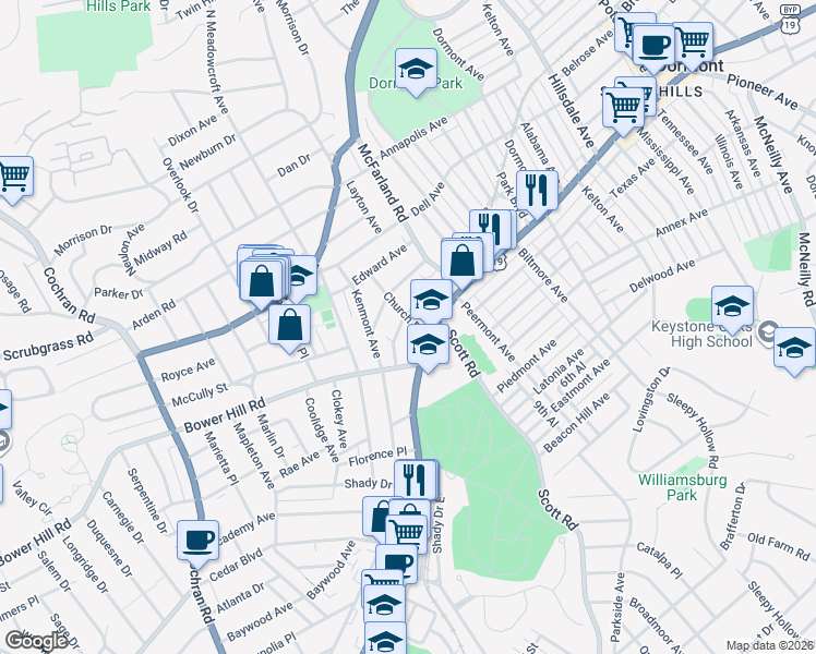 map of restaurants, bars, coffee shops, grocery stores, and more near in Allegheny County