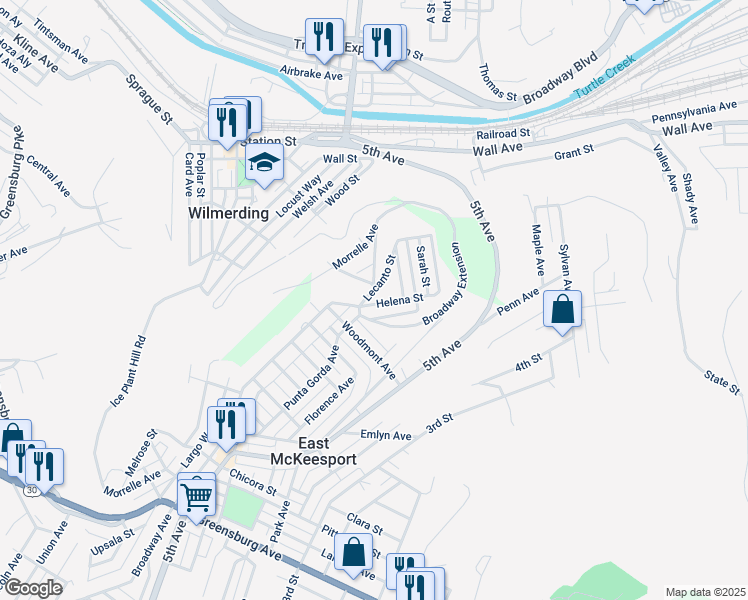 map of restaurants, bars, coffee shops, grocery stores, and more near 580 Helena Street in East McKeesport