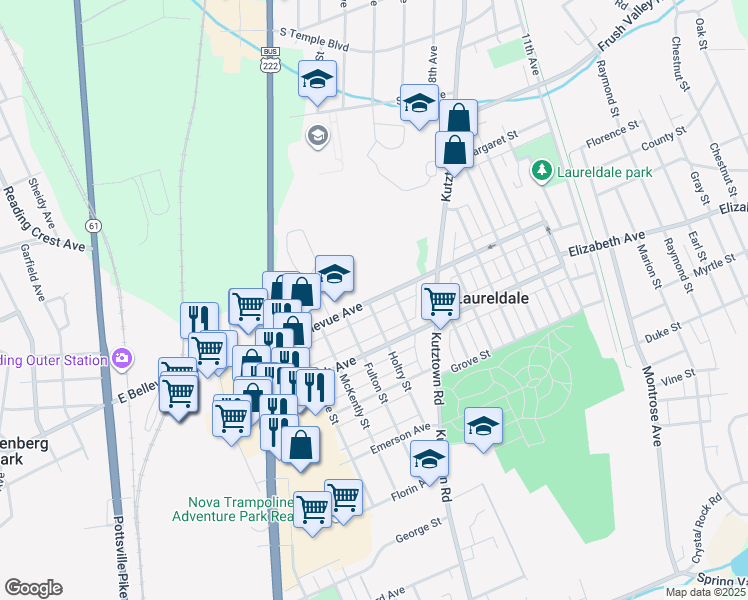 map of restaurants, bars, coffee shops, grocery stores, and more near 801 East Bellevue Avenue in Laureldale