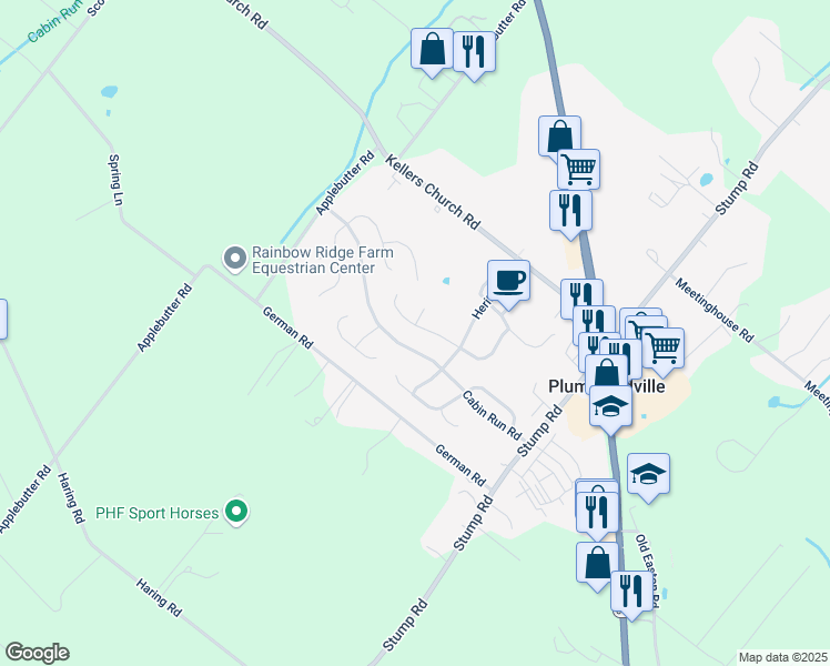 map of restaurants, bars, coffee shops, grocery stores, and more near 6013 Split Log Drive in Pipersville