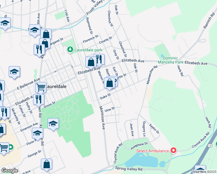 map of restaurants, bars, coffee shops, grocery stores, and more near 3225 Marion Street in Laureldale