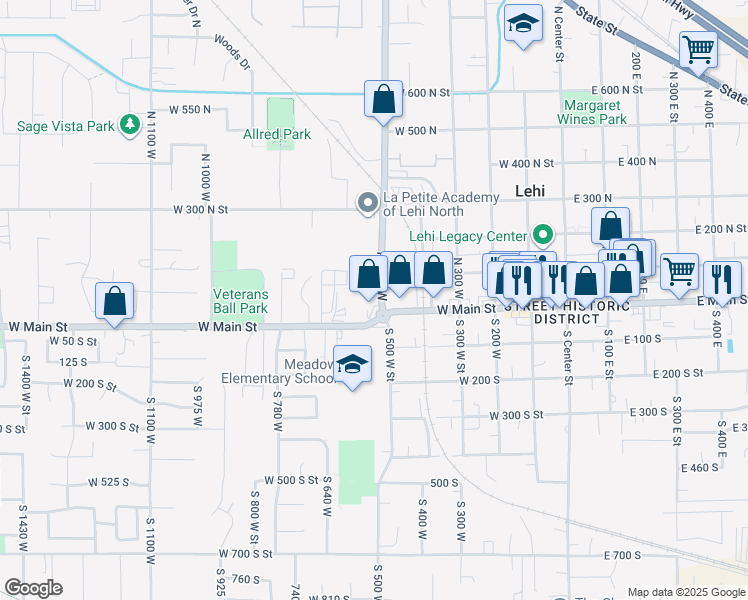 map of restaurants, bars, coffee shops, grocery stores, and more near 35 North 500 West in Lehi