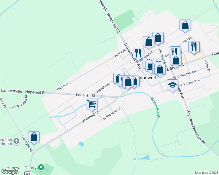 map of restaurants, bars, coffee shops, grocery stores, and more near 79 Model Avenue in Hopewell