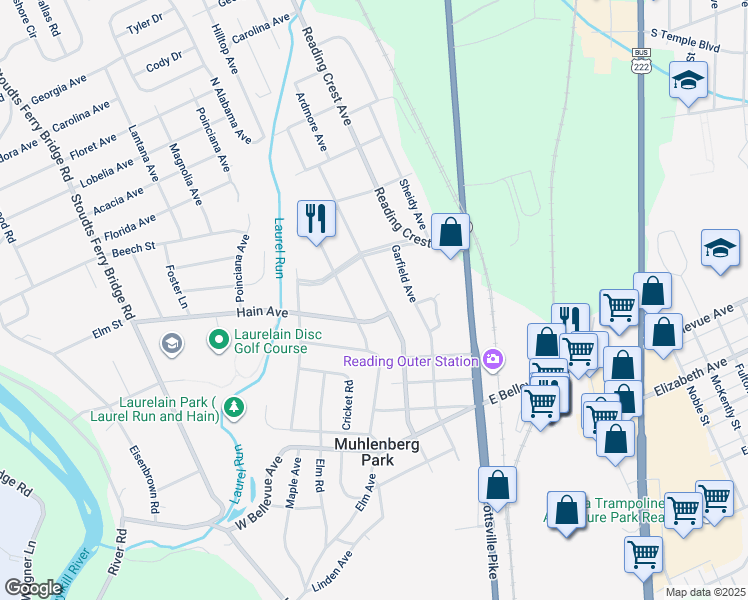 map of restaurants, bars, coffee shops, grocery stores, and more near 3308 Harrison Avenue in Reading
