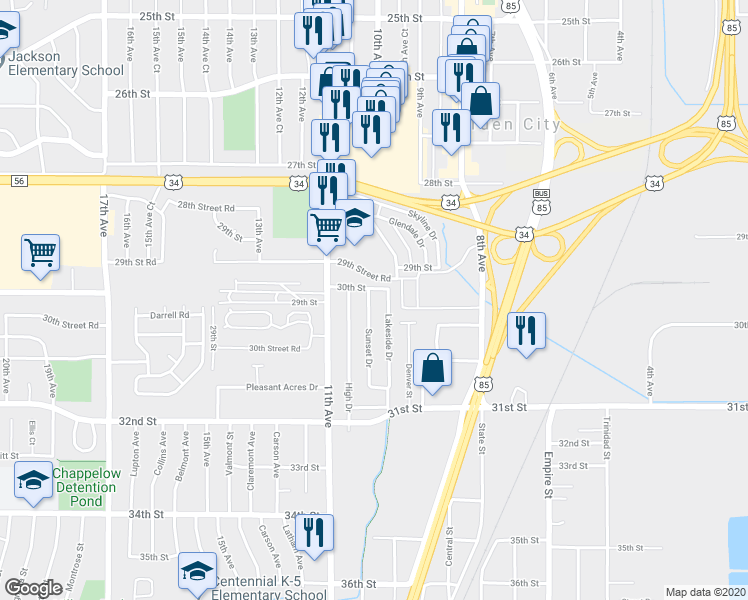 map of restaurants, bars, coffee shops, grocery stores, and more near 3009 Sunset Drive in Evans