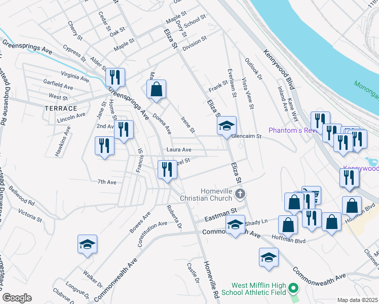 map of restaurants, bars, coffee shops, grocery stores, and more near 720 Hazel Street in West Mifflin