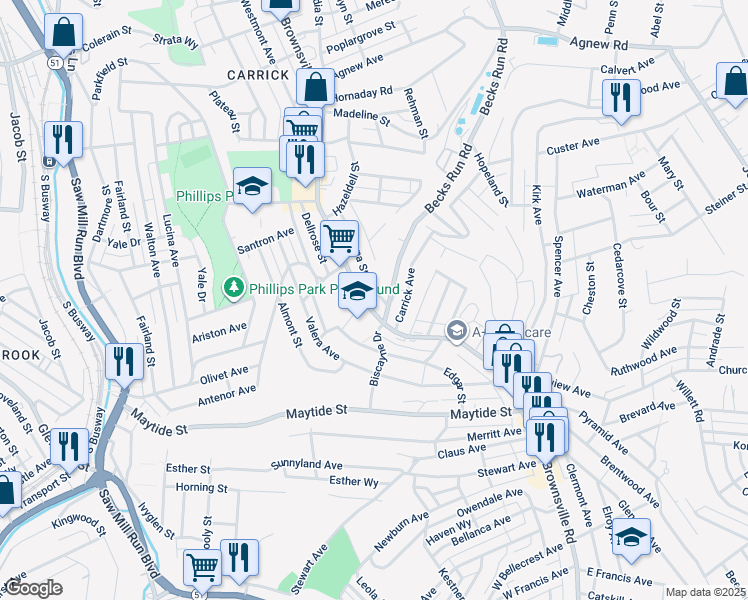 map of restaurants, bars, coffee shops, grocery stores, and more near 2350 Brownsville Road in Pittsburgh