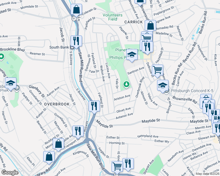 map of restaurants, bars, coffee shops, grocery stores, and more near 2243 Lucina Avenue in Pittsburgh