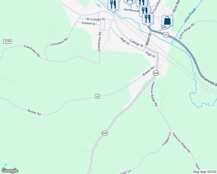 map of restaurants, bars, coffee shops, grocery stores, and more near 38500 Bower Road in Scio