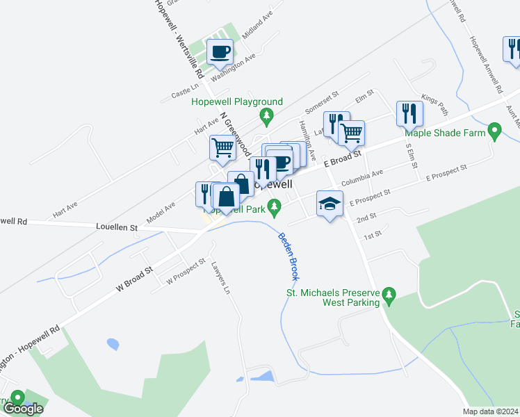 map of restaurants, bars, coffee shops, grocery stores, and more near 31 West Broad Street in Hopewell