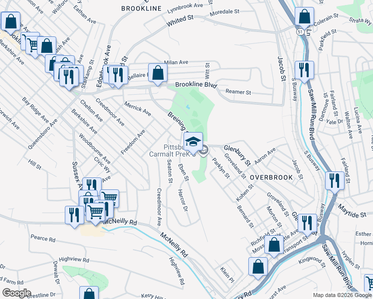 map of restaurants, bars, coffee shops, grocery stores, and more near 1514 Shire Place in Pittsburgh