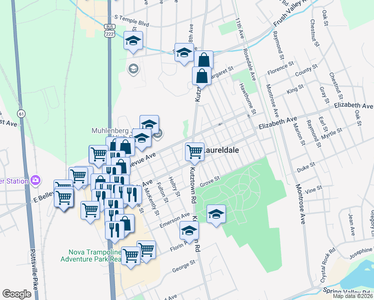 map of restaurants, bars, coffee shops, grocery stores, and more near 815 Elizabeth Avenue in Laureldale