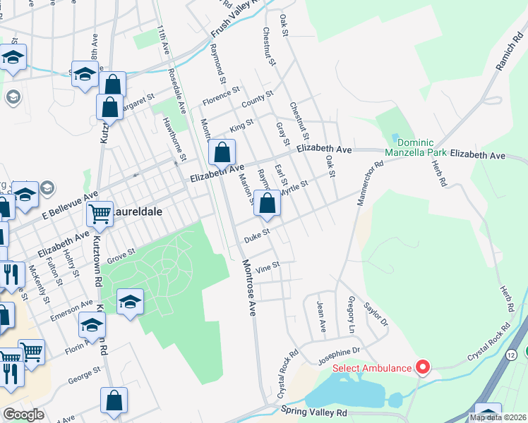 map of restaurants, bars, coffee shops, grocery stores, and more near 3212 Marion Street in Laureldale