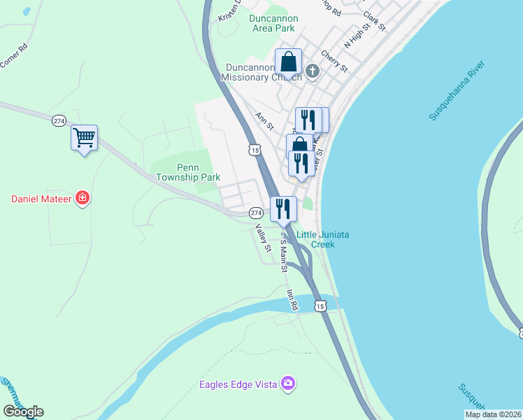 map of restaurants, bars, coffee shops, grocery stores, and more near 55 South Main Street in Duncannon