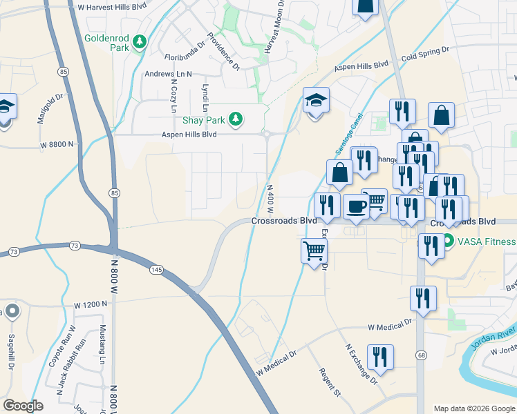 map of restaurants, bars, coffee shops, grocery stores, and more near 1444 North Starry Way in Saratoga Springs