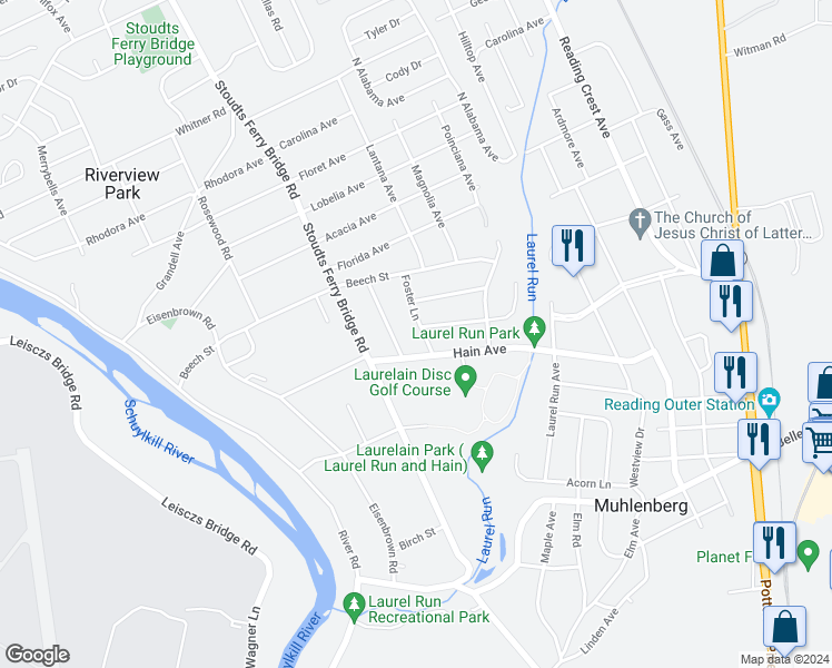 map of restaurants, bars, coffee shops, grocery stores, and more near 3406 Foster Lane in Reading