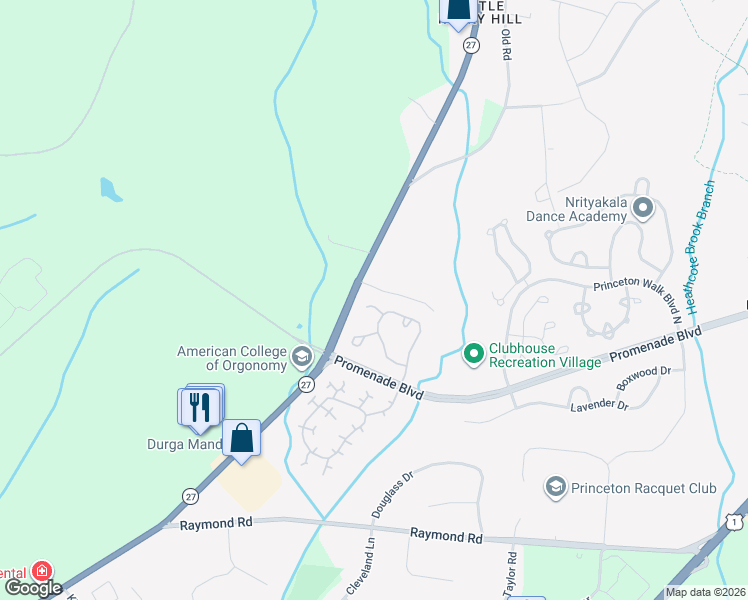 map of restaurants, bars, coffee shops, grocery stores, and more near 66 West Countryside Drive in Princeton
