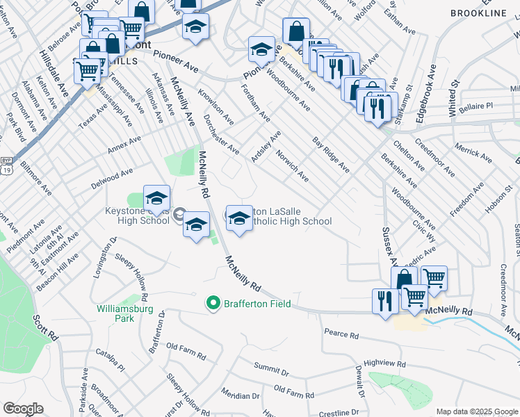 map of restaurants, bars, coffee shops, grocery stores, and more near 1050 McNeilly Road in Pittsburgh