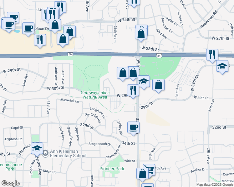 map of restaurants, bars, coffee shops, grocery stores, and more near 3612-3622 West 29th Street in Greeley