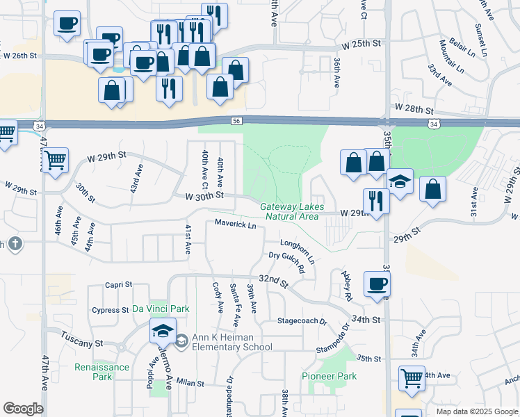 map of restaurants, bars, coffee shops, grocery stores, and more near 3921 Maverick Lane in Evans