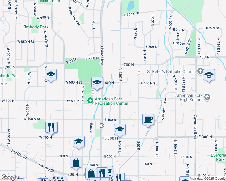 map of restaurants, bars, coffee shops, grocery stores, and more near 527 North 200 East in American Fork
