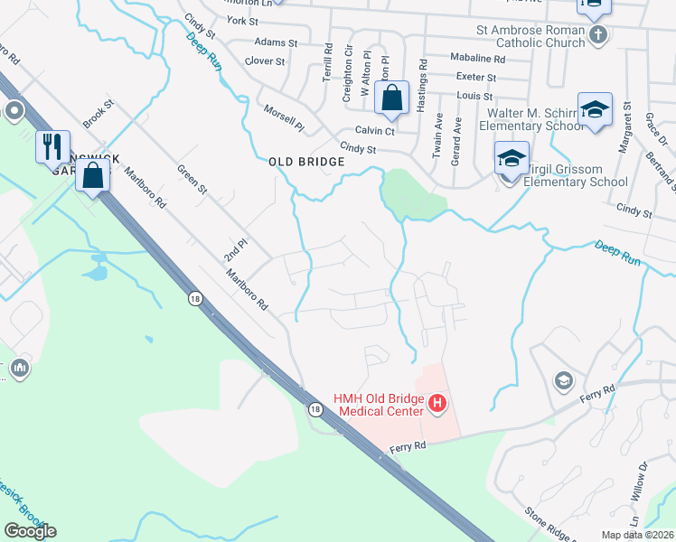 map of restaurants, bars, coffee shops, grocery stores, and more near 16 Carmel Court in Old Bridge