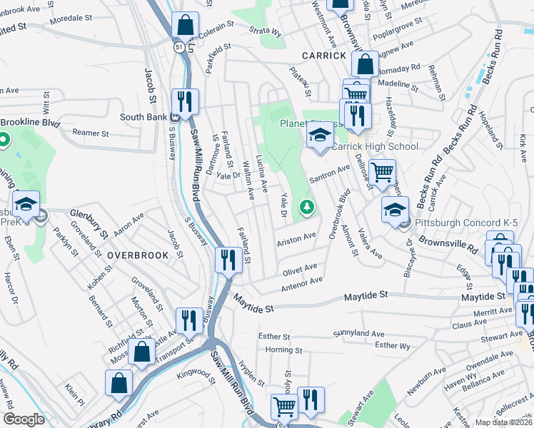 map of restaurants, bars, coffee shops, grocery stores, and more near 2243 Lucina Avenue in Pittsburgh