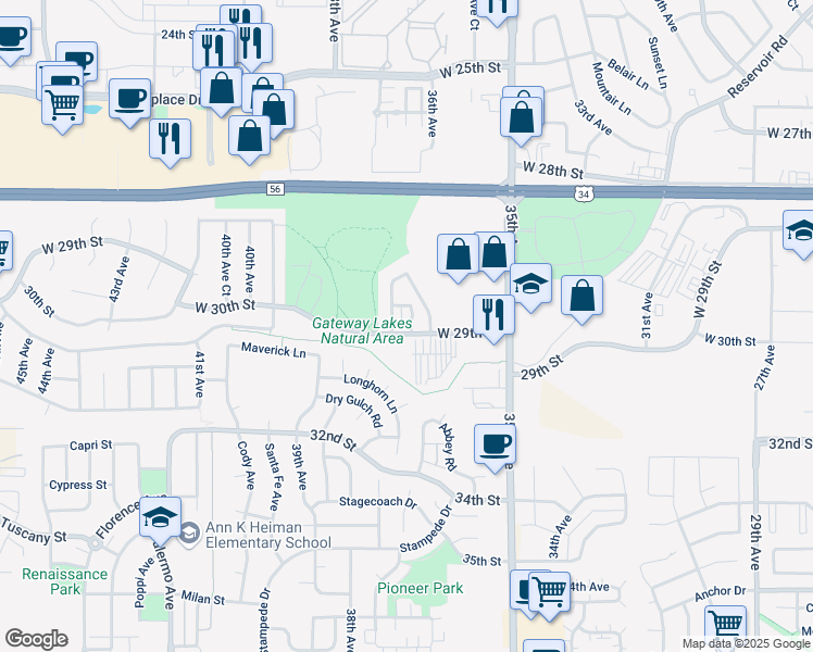map of restaurants, bars, coffee shops, grocery stores, and more near 3623 West 29th Street in Greeley