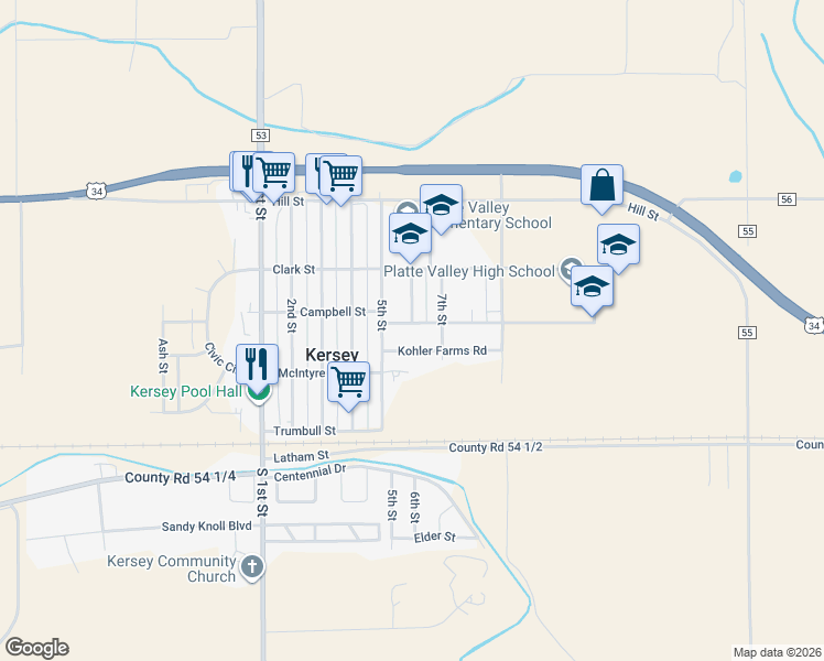 map of restaurants, bars, coffee shops, grocery stores, and more near 510 Kohler Farms Road in Kersey