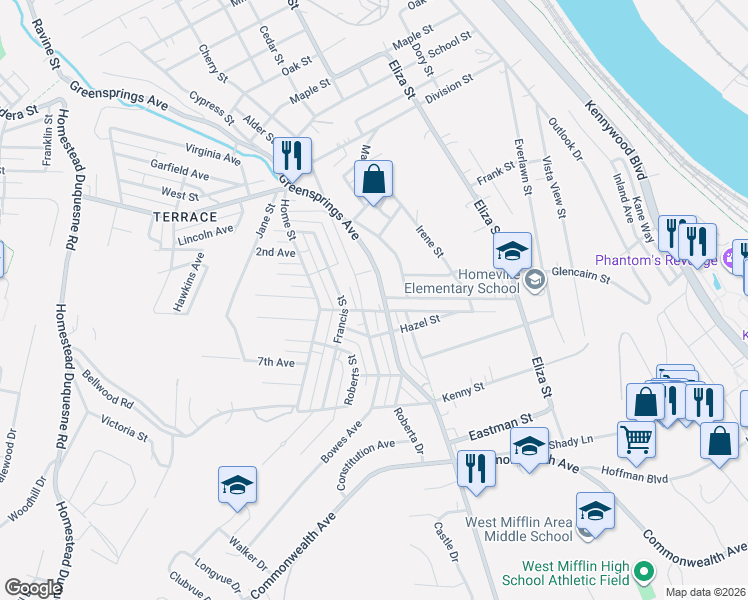 map of restaurants, bars, coffee shops, grocery stores, and more near 4306 Greensprings Avenue in West Mifflin