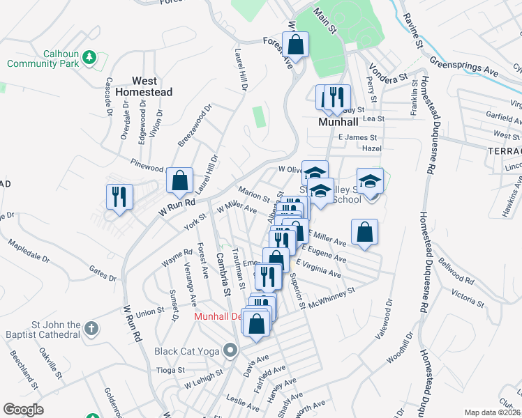 map of restaurants, bars, coffee shops, grocery stores, and more near 3309 Edward Street in Munhall