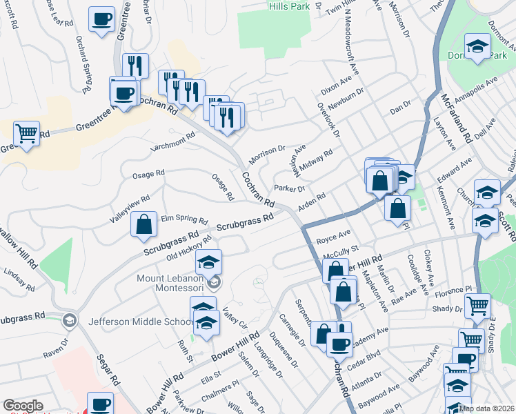 map of restaurants, bars, coffee shops, grocery stores, and more near 654 Arden Lane in Pittsburgh